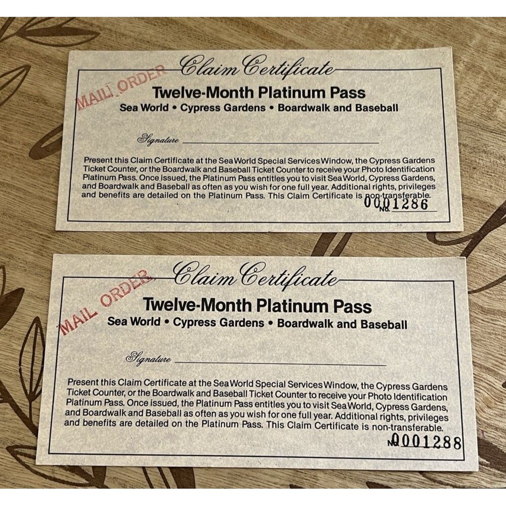 Sea World Cypress Gardens Boardwalk  & Baseball 12 Month Platinum Pass Vtg Lot